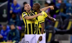 Maximilian Wittek celebrates his goal against Spurs for Vitesse in the Europa Conference League.
