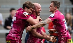 Exeter’s Jack Yeandle (centre) celebrates with teammates after scoring in the last minute against Montpellier