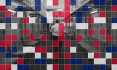 Guardian pixellated design in blue and red featuring a prison officer in a gangway