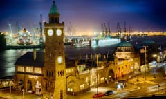 St Pauli’s piers and the port of Hamburg at night.