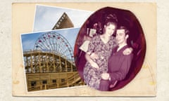 Richard and Jeannette Smith in 1969. The background imagery shows The Scenic Railway and The Big Wheel Of Colour rides at Dreamland amusement park in Margate, England