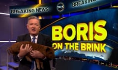 TalkTV screengrab showing Piers Morgan holding a greased piglet under a 'Breaking News TalkTV' banner and in front of a screen reading 'Boris on the Brink'.