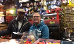 Ian Hillard, right, who runs the Market Cobbler stall in Peterborough market and voted leave, with friend Cliff Walker, an EU remainer.