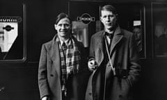 The poet and playwright WH Auden (r) with Christopher Isherwood, with whom he collaborated on several plays, at the railway station before departing for China, 1938.