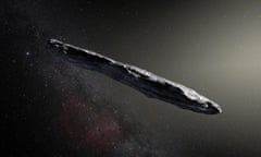 Artist's impression of interstellar asteroid 'Oumuamua<br>epa06340680 An undated handout photo made available by the European Southern Observatory (ESO) on 20 November 2017 shows an artist's impression shows the first interstellar asteroid `Oumuamua. This unique object was discovered on 19 October 2017 by the Pan-STARRS 1 telescope in Hawai'i. Subsequent observations from ESO’s Very Large Telescope in Chile and other observatories around the world show that it was travelling through space for millions of years before its chance encounter with our star system. 'Oumuamua seems to be a dark red highly-elongated metallic or rocky object, about 400 metres long, and is unlike anything normally found in the Solar System. EPA/ESO/M. Kornmesser / HANDOUT HANDOUT EDITORIAL USE ONLY/NO SALES