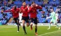 Liam McAlinden (right) celebrates after scoring for Morecambe during their play-off semi-final against Tranmere.