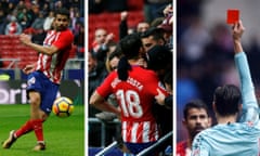 Diego Costa scores Atlético’s second goal and jumps into the crowd to celebrate it before being sent off by referee José Munuera.