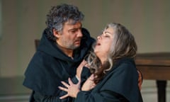 Jonas Kaufmann and Anna Netrebko in Royal Opera’s La forza del destino.Conductor; Antonio Pappano,
Leonora; Anna Netrebko,
Don Alvaro; Jonas Kaufmann,
Don Carlo di Vargas; Ludovic Tézier,
Padre Guardiano; Ferruccio Furlanetto,
Fra Melitone; Alessandro Corbelli,
Preziosilla; Veronica Simeoni,
Marchese di Calatrava; Robert Lloyd,
Curra; Roberta Alexander,
Alcalde; Michael Mofidian,
Maestro Trabuco; Carlo Bosi,
Associate director; Georg Zlabinger,