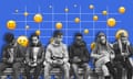 Illustration shows a line of young people looking at their phones, with sad-face emojis behind them