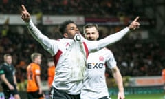 Luis ‘Duk’ Lopes celebrates putting Aberdeen on course for victory at Dundee United, their first away win since October.