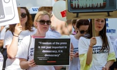 Journalists rally for the indepence of the media<br>epa06709402 Moldovan journalists attend at a rally for independence of the media and against censorship in front of Parliament building in Chisinau, Moldova, on 03 May 2018. World Press Freedom day raises awareness of the importance of freedom of the press and is celebrated on 03 May. EPA/DUMITRU DORU