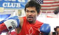 Manny Pacquiao works out before his WBO welterweight bout against Jessie Vargas in Los Angeles.