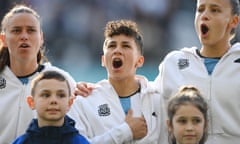 Argentina’s Lorena Benítez (centre) sings the national anthem before a match.