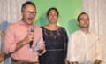 Greens leader Dr Richard Di Natale, Greens candidate for Batman Alex Bhathal (centre) and Deputy Leader of the Australian Greens Adam Bandt (right) concede defeat in the contest for the electorate of Batman in Melbourne, Saturday, March, 17, 2018. (AAP Image/Ellen Smith) NO ARCHIVING