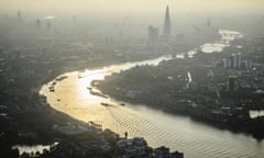 Aerial view of London cityscape and river, England<br>EHMJK1 Aerial view of London cityscape and river, England