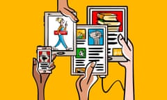 Illustration by Steven Gregor of hands holding tablets and smartphones with Substacks on them