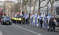 People stage a demonstration against the Israeli prime minister Benjamin Netanyahu at Downing Street during his visit to London on Friday.