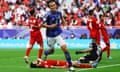 Ayase Ueda celebrates after scoring Japan’s third goal against Bahrain in the last 16 of the Asia Cup.
