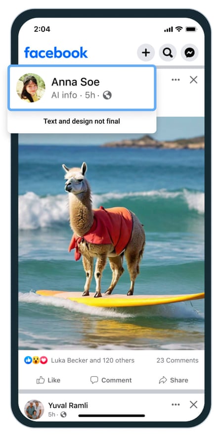 A photo of an alpaca surfing on Facebook with a label saying AI info