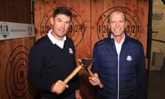 Padraig Harrington and Steve Stricker after an axe-throwing competition at Whistling Straits in October 2019