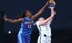 Tiffany Hayes of Azerbaijan blocks Hailey van Lith of Team USA.