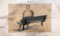 An illustration of a silhouette figure sitting on a bench