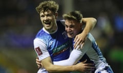 Barrow’s Jordan Stevens (left) celebrates his opening goal with Robbie Gotts