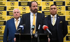 Geoff Shaw, centre, alongside Clive Palmer (left) and federal senator Ralph Babet. Shaw will run for Palmer’s United Australia Party at the Victorian state election in November.
