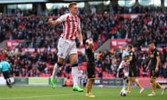 Liam Delap celebrates his goal in Stoke’s victory over Championship leaders Sheffield United on 8 October 2022.