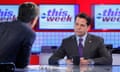 ABC’s “This Week with George Stephanopoulos” - 2017<br>THIS WEEK WITH GEORGE STEPHANOPOULOS - In a “This Week” Exclusive, George Stephanopoulos goes one-on-one with former White House Communications Director Anthony Scaramucci, in his first television interview after his whirlwind 11-day stint in the White house. The interview airs on “This Week with George Stephanopoulos,” Sunday, August 13, 2017 on the ABC Television Network. (Photo by Lou Rocco/ABC via Getty Images) GEORGE STEPHANOPOULOS, ANTHONY SCARAMUCCI