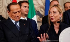 Italian President Mattarella meets leaders of the conservative bloc that won the 2022 general election, in Rome<br>Brothers of Italy leader Giorgia Meloni speaks to the media as she stands next to Forza Italia leader and former Prime Minister Silvio Berlusconi, following a meeting with Italian President Sergio Mattarella at the Quirinale Palace in Rome, Italy October 21, 2022. REUTERS/Yara Nardi