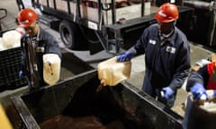 Biofuel Recovered For Recycling At Restaurants<br>SAN FRANCISCO, CA - APRIL 05:  Workers with the San Francisco Water Power and Sewer's SFGreasecycle program dump bottles of used cooking oil into a dumpster on April 5, 2013 in San Francisco, California. Launched in 2007, SFGreasecycle is a program that will collect used cooking oil from San Francisco restaurants to be recycled into biofuels and also keeps oils from entering the city's sewer system.  According to a recent report by San Francisco based nonprofit group Next 10, California continues to be the nation's leader in venture capital funding for green technology, green tech patents and the growth in clean power generation, resulting in reduced greenhouse gas emissions despite a growth in population.  (Photo by Justin Sullivan/Getty Images)
recycle  For cities; re fatbergs