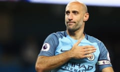 Manchester City v West Bromwich Albion - Premier League<br>MANCHESTER, ENGLAND - MAY 16: Pablo Zabaleta of Manchester City shows appreciation to the fans after the Premier League match between Manchester City and West Bromwich Albion at Etihad Stadium on May 16, 2017 in Manchester, England. (Photo by Clive Mason/Getty Images)