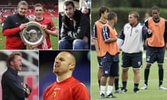 Ole Gunnar Solskjaer and Corry Evans of Manchester United squad celebrate with the Barclays Premier Reserve League Play-Off trophy in 2010, Barcelona B coach Pep Guardiola in 2007, Chelsea Youth Team Coach Brendan Rodgers in 2008, Sean Dyche , Watford Under 18’s Coach in 2009 and Unterhaching Head coach Ralph Hasenhüttl of gives advice to his team in 2008.