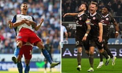 Laszlo Benes of Hamburger SV and Marcel Hartel, Johannes Eggestein and Dapo Afolayan of FC St Pauli.