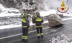 A road closed by falling boulders in the Vercelli area of northern Italy