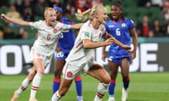 TOPSHOT-FBL-WC-2023-WOMEN-MATCH40-HAI-DEN<br>TOPSHOT - Denmark's forward #10 Pernille Harder celebrates scoring her team's first goal during the Australia and New Zealand 2023 Women's World Cup Group D football match between Haiti and Denmark at Perth Rectangular Stadium in Perth on August 1, 2023. (Photo by Colin MURTY / AFP) (Photo by COLIN MURTY/AFP via Getty Images)