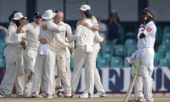 Jack Leach and the England team celebrate taking the final wicket. 