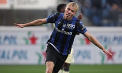 Atalanta's Rasmus Højlund celebrates scoring a goal at Gewiss Stadium in Bergamo against Verona.