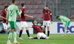 Srdjan Plavsic celebrates after scoring for Sparta Prague against Celtic