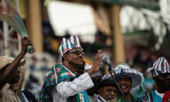 Nigeria’s president, Muhammadu Buhari, delivers a speech at a rally at the Teslim Balogun Stadium in Lagos.