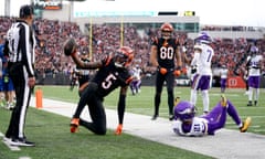 Tee Higgins gestures towards the officials after his touchdown against the Minnesota Vikings