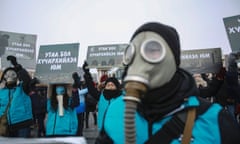 In this photo taken on January 28, 2017, Mongolian activists demonstate against worsening air pollution in the capital Ulan Bator.  

Scores of demonstrators, some wearing filters and full-face gas masks, braved freezing temperatures on January 28 in central Sukhbataar Square to protest against air pollution in the Mongolian capital, one of the world's most polluted according to UNICEF.  / AFP PHOTO / BYAMBASUREN BYAMBA-OCHIRBYAMBASUREN BYAMBA-OCHIR/AFP/Getty Images