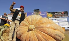 Leonardo Urena of Napa, California, reacts after learning his pumpkin weighed in at 2,175 lbs., a new California weight record on October 14, 2019, in Half Moon Bay, Calif