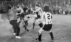 Diego Maradona is set upon by Athletic Bilbao players.