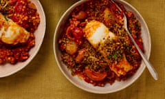 Thomasina Miers' braised cod with giant couscous sweet onions chorizo and rosemary crumbs.