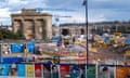 Construction site as supports for the incoming raised tracks begin to take shape near the HS2 mainline station at Curzon Street, Birmingham