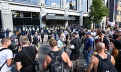 Protesters gather outside the old Public Health England offices to demonstrate against the vaccine passport and future lockdowns.