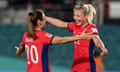 Sophie Haug celebrates scoring Norway's second goal against the Philippines with Emilie Haavi