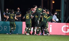 Portland Timbers celebrate after Dario Zuparic scores the winner